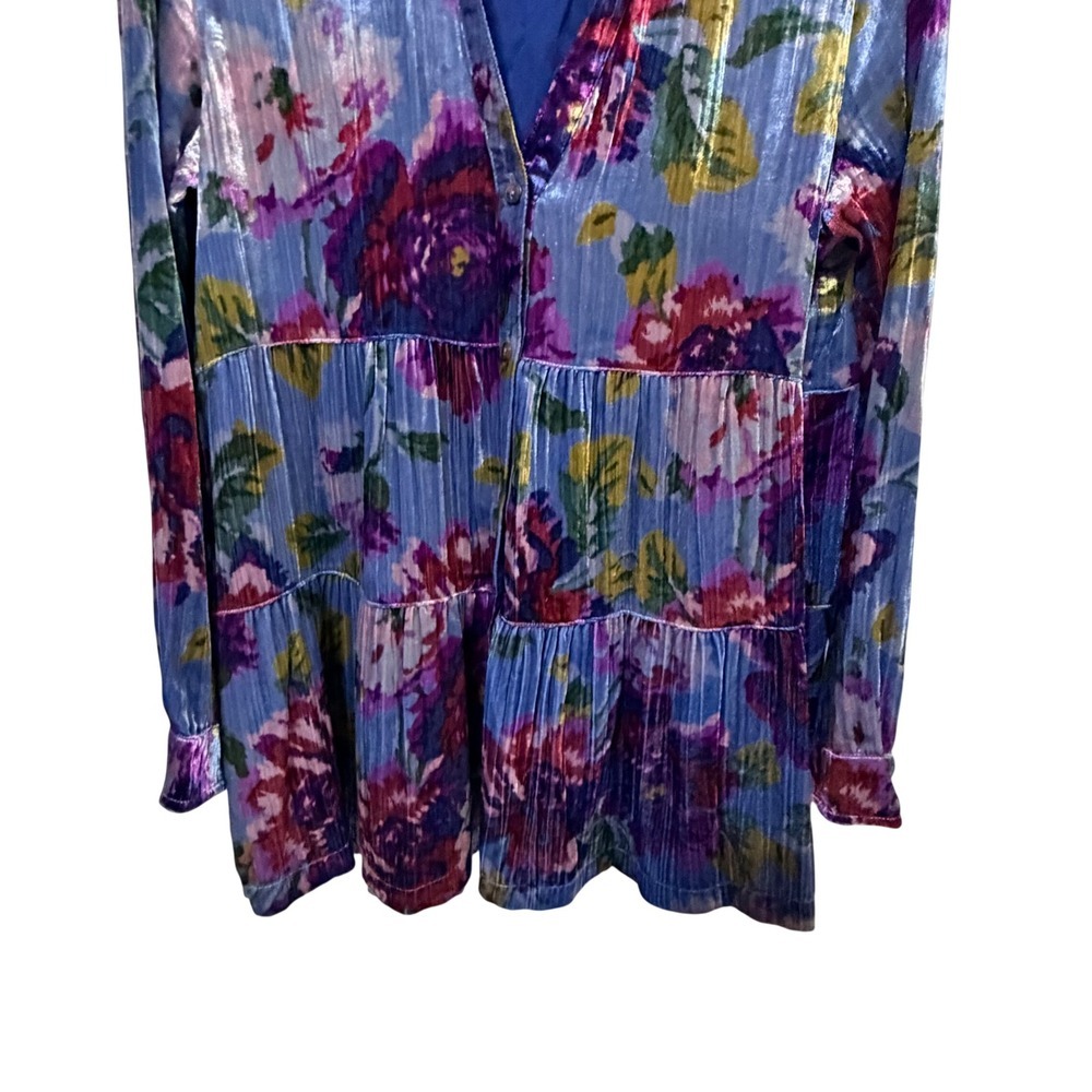 Maeve Anthropologie Blue Floral Velvet Burnout Tiered Tunic Mini Dress Small - Picture 4 of 8